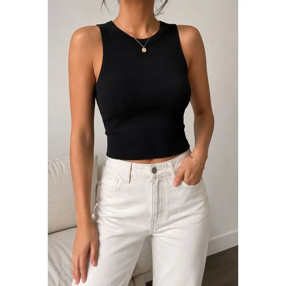 Zara NWT Black Knit Tank Top Size M Minimalist Sleeveless Crop Top